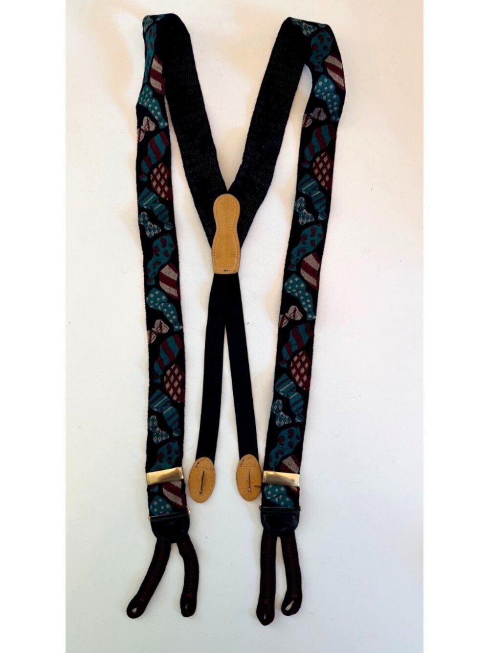 Martin Dingman Mens Suspenders Leather Tabs & Adjustable Straps Bow Tie Pattern